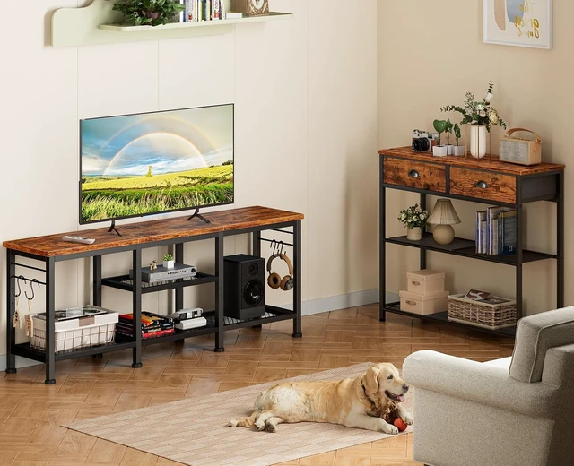 Alt view image 6 of 7 - 55 Inch TV Stand Entertainment Center, Rustic Media Console Table with Open Storage Shelves and Soundbar Shelf, Sturdy Metal Frame Television Cabinet for Living Room Bedroom Office