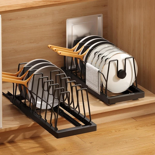 Main image of 2 Pack Under Cabinet Pots and Pans Organizer, 21.6 Inch Deep Pull Out Kitchen Storage Rack, Heavy Duty Carbon Steel Cookware Holder with 10 Adjustable Dividers and Side Guardrails