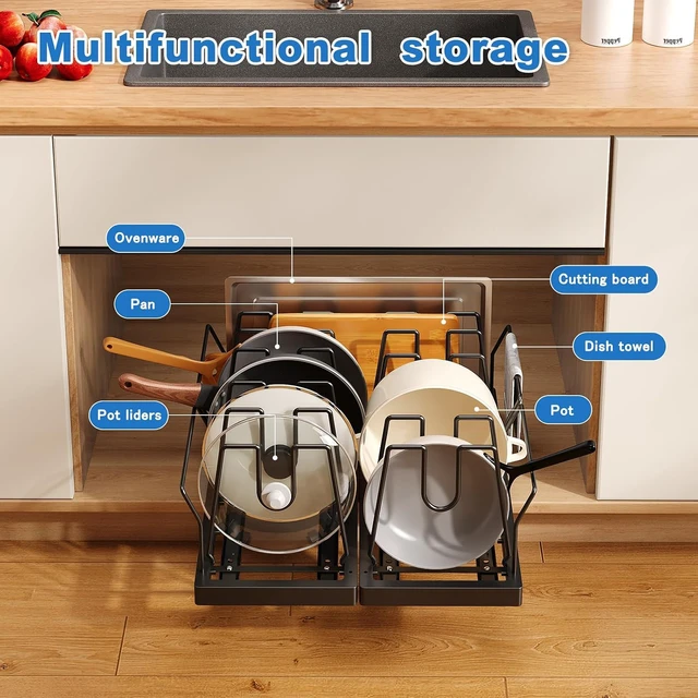 Alt view image 2 of 7 - 2 Pack Under Cabinet Pots and Pans Organizer, 21.6 Inch Deep Pull Out Kitchen Storage Rack, Heavy Duty Carbon Steel Cookware Holder with 10 Adjustable Dividers and Side Guardrails