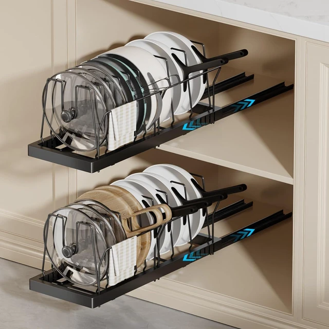 Main image of 2 Pack Expandable Under Cabinet Pots and Pans Organizer, 22 Inch Deep Pull Out Kitchen Storage Rack with 10 Adjustable Dividers, No Drill Heavy Duty Carbon Steel Cookware Holder with Handle Brackets