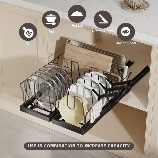 Alt view image 2 of 7 - 2 Pack Expandable Under Cabinet Pots and Pans Organizer, 22 Inch Deep Pull Out Kitchen Storage Rack with 10 Adjustable Dividers, No Drill Heavy Duty Carbon Steel Cookware Holder with Handle Brackets