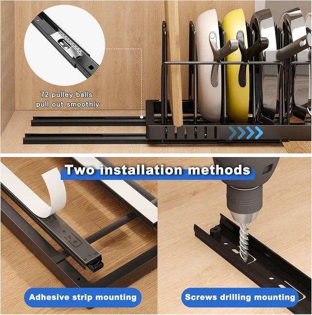Alt view image 3 of 7 - 2 Pack Under Cabinet Pots and Pans Organizer, 21.6 Inch Deep Pull Out Kitchen Storage Rack, Heavy Duty Carbon Steel Cookware Holder with 10 Adjustable Dividers and Side Guardrails