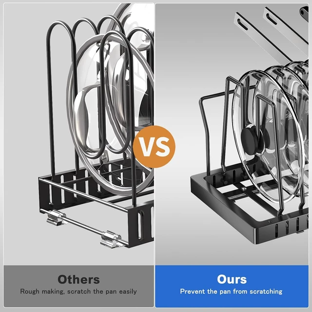 Alt view image 5 of 7 - 2 Pack Under Cabinet Pots and Pans Organizer, 21.6 Inch Deep Pull Out Kitchen Storage Rack, Heavy Duty Carbon Steel Cookware Holder with 10 Adjustable Dividers and Side Guardrails
