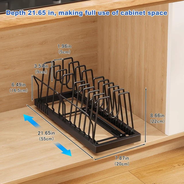Alt view image 6 of 7 - 2 Pack Under Cabinet Pots and Pans Organizer, 21.6 Inch Deep Pull Out Kitchen Storage Rack, Heavy Duty Carbon Steel Cookware Holder with 10 Adjustable Dividers and Side Guardrails