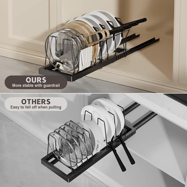 Alt view image 5 of 7 - 2 Pack Expandable Under Cabinet Pots and Pans Organizer, 22 Inch Deep Pull Out Kitchen Storage Rack with 10 Adjustable Dividers, No Drill Heavy Duty Carbon Steel Cookware Holder with Handle Brackets