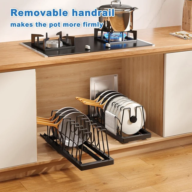 Alt view image 7 of 7 - 2 Pack Under Cabinet Pots and Pans Organizer, 21.6 Inch Deep Pull Out Kitchen Storage Rack, Heavy Duty Carbon Steel Cookware Holder with 10 Adjustable Dividers and Side Guardrails
