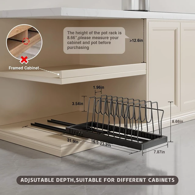 Alt view image 6 of 7 - 2 Pack Expandable Under Cabinet Pots and Pans Organizer, 22 Inch Deep Pull Out Kitchen Storage Rack with 10 Adjustable Dividers, No Drill Heavy Duty Carbon Steel Cookware Holder with Handle Brackets
