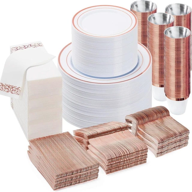 Main image of 700 Piece Rose Gold Disposable Plastic Dinnerware Set, Heavy Duty BPA-Free Tableware Set for 100 Guests, Includes Plates Cups Napkins Knives Forks Spoons for Wedding Party Banquet