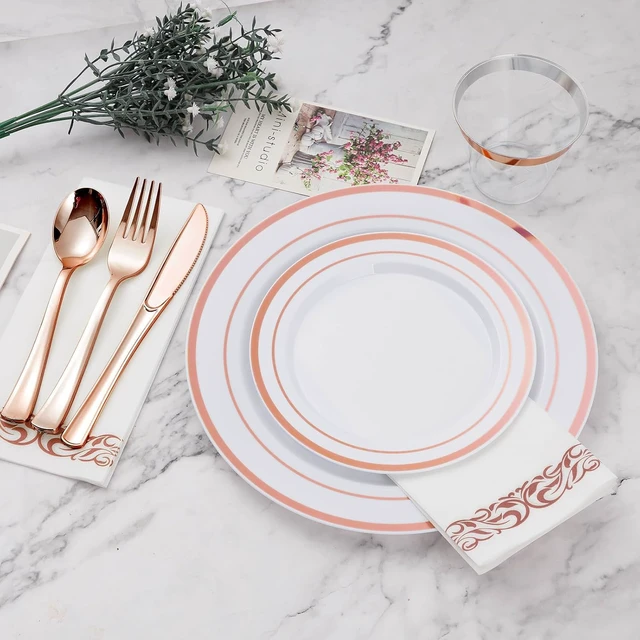 Alt view image 3 of 6 - 700 Piece Rose Gold Disposable Plastic Dinnerware Set, Heavy Duty BPA-Free Tableware Set for 100 Guests, Includes Plates Cups Napkins Knives Forks Spoons for Wedding Party Banquet
