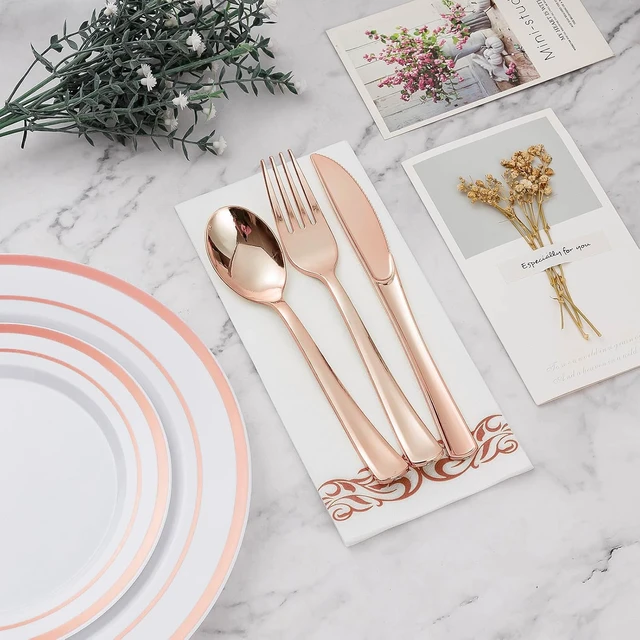 Alt view image 4 of 6 - 700 Piece Rose Gold Disposable Plastic Dinnerware Set, Heavy Duty BPA-Free Tableware Set for 100 Guests, Includes Plates Cups Napkins Knives Forks Spoons for Wedding Party Banquet