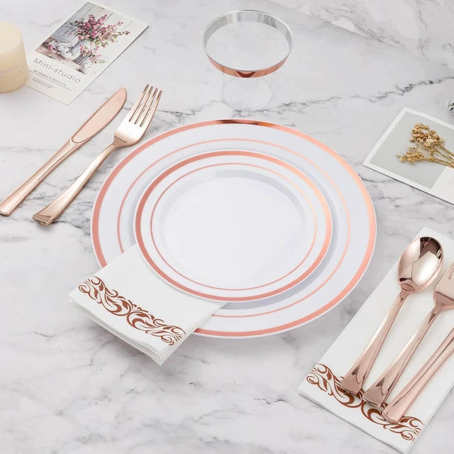 Alt view image 5 of 6 - 700 Piece Rose Gold Disposable Plastic Dinnerware Set, Heavy Duty BPA-Free Tableware Set for 100 Guests, Includes Plates Cups Napkins Knives Forks Spoons for Wedding Party Banquet