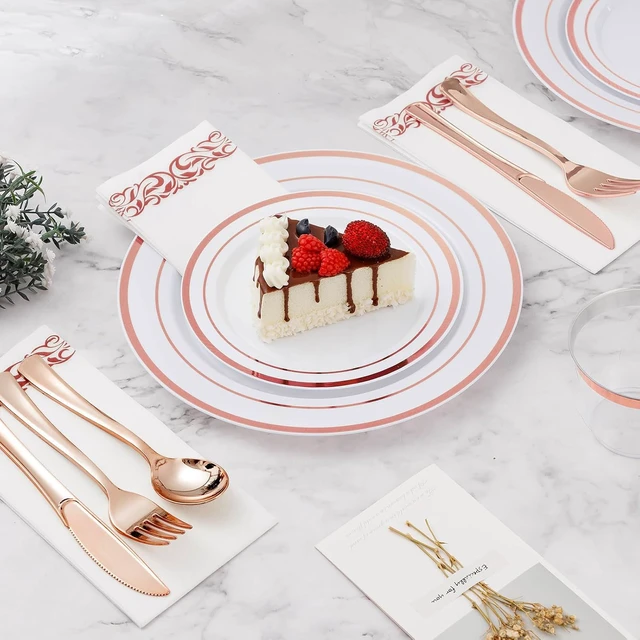 Alt view image 6 of 6 - 700 Piece Rose Gold Disposable Plastic Dinnerware Set, Heavy Duty BPA-Free Tableware Set for 100 Guests, Includes Plates Cups Napkins Knives Forks Spoons for Wedding Party Banquet