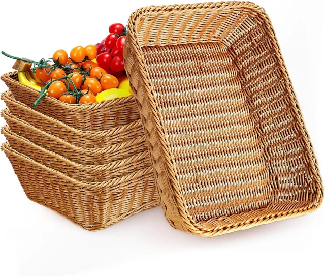 Main image of 6 Pack 19 Inch Poly Wicker Bread Baskets, Hand Woven Stackable Serving Baskets, Durable Reinforced Rattan Storage Trays for Kitchen Restaurant Food Display Fruit Snack Organizer
