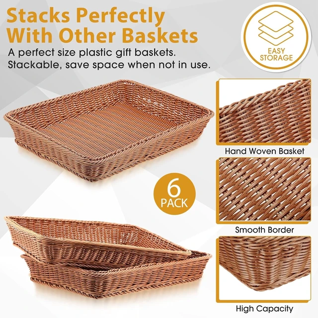 Alt view image 2 of 6 - 6 Pack 19 Inch Poly Wicker Bread Baskets, Hand Woven Stackable Serving Baskets, Durable Reinforced Rattan Storage Trays for Kitchen Restaurant Food Display Fruit Snack Organizer