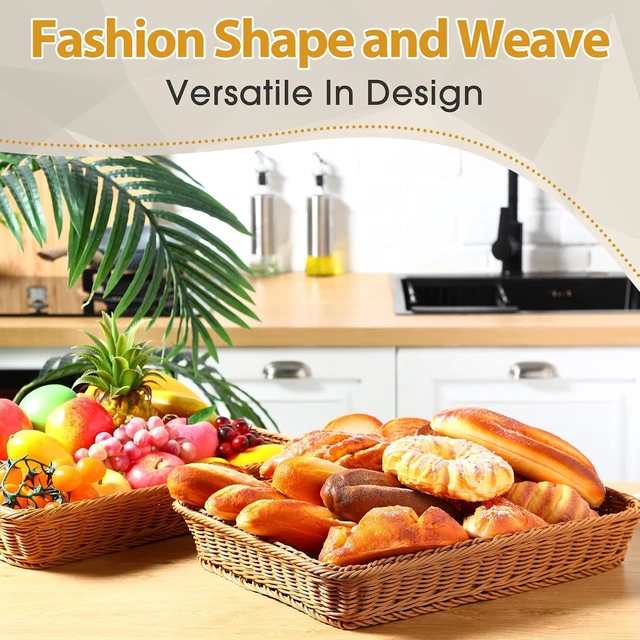 Alt view image 3 of 6 - 6 Pack 19 Inch Poly Wicker Bread Baskets, Hand Woven Stackable Serving Baskets, Durable Reinforced Rattan Storage Trays for Kitchen Restaurant Food Display Fruit Snack Organizer
