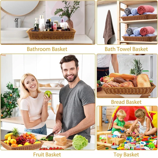 Alt view image 5 of 6 - 6 Pack 19 Inch Poly Wicker Bread Baskets, Hand Woven Stackable Serving Baskets, Durable Reinforced Rattan Storage Trays for Kitchen Restaurant Food Display Fruit Snack Organizer