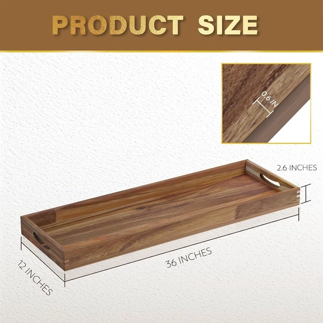 Alt view image 2 of 7 - 36 x 12 Inch Extra Large Acacia Wood Serving Tray, Handcrafted Long Wooden Charcuterie Board with Embedded Smooth Handles, Food Safe Coated Rustic Decorative Tray for Home Party Ottoman Coffee Table