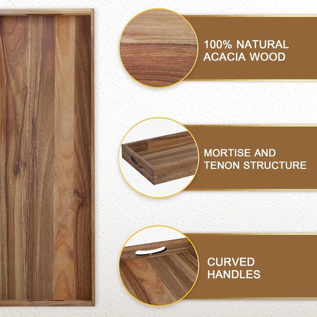 Alt view image 3 of 7 - 36 x 12 Inch Extra Large Acacia Wood Serving Tray, Handcrafted Long Wooden Charcuterie Board with Embedded Smooth Handles, Food Safe Coated Rustic Decorative Tray for Home Party Ottoman Coffee Table