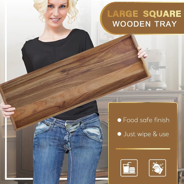 Alt view image 5 of 7 - 36 x 12 Inch Extra Large Acacia Wood Serving Tray, Handcrafted Long Wooden Charcuterie Board with Embedded Smooth Handles, Food Safe Coated Rustic Decorative Tray for Home Party Ottoman Coffee Table