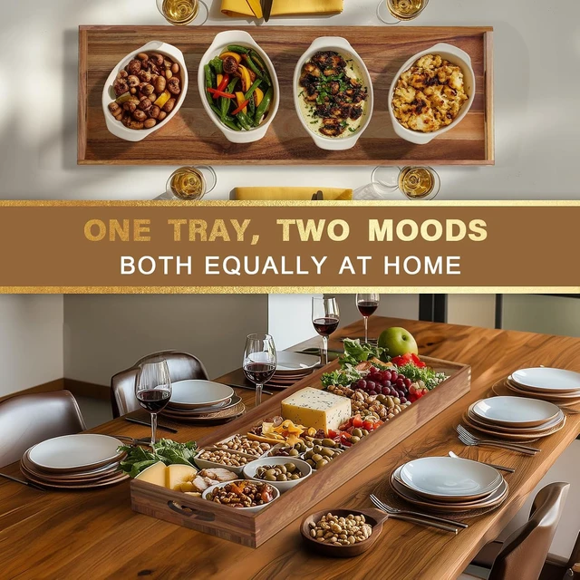 Alt view image 6 of 7 - 36 x 12 Inch Extra Large Acacia Wood Serving Tray, Handcrafted Long Wooden Charcuterie Board with Embedded Smooth Handles, Food Safe Coated Rustic Decorative Tray for Home Party Ottoman Coffee Table