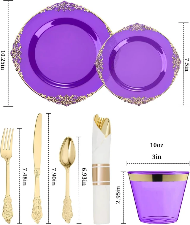 Alt view image 3 of 7 - 700 Piece Clear Purple Gold Rim Disposable Dinnerware Set, BPA-Free Heavy Duty Plastic Tableware Kit for 100 Guests, Elegant Decorative Plates Utensils for Wedding Birthday Party Banquet