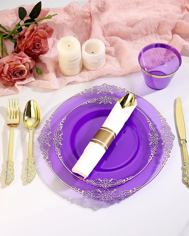 Alt view image 2 of 7 - 700 Piece Clear Purple Gold Rim Disposable Dinnerware Set, BPA-Free Heavy Duty Plastic Tableware Kit for 100 Guests, Elegant Decorative Plates Utensils for Wedding Birthday Party Banquet