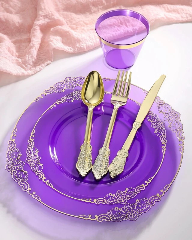 Alt view image 4 of 7 - 700 Piece Clear Purple Gold Rim Disposable Dinnerware Set, BPA-Free Heavy Duty Plastic Tableware Kit for 100 Guests, Elegant Decorative Plates Utensils for Wedding Birthday Party Banquet