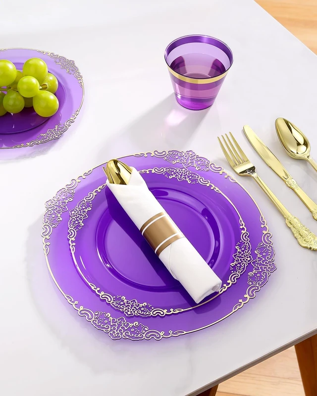 Alt view image 5 of 7 - 700 Piece Clear Purple Gold Rim Disposable Dinnerware Set, BPA-Free Heavy Duty Plastic Tableware Kit for 100 Guests, Elegant Decorative Plates Utensils for Wedding Birthday Party Banquet