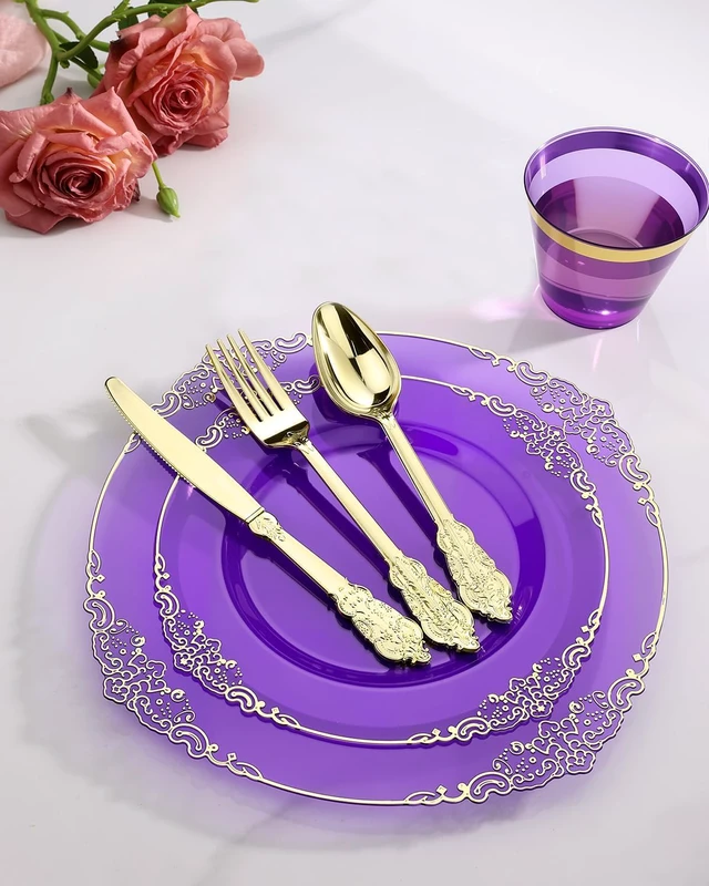 Alt view image 6 of 7 - 700 Piece Clear Purple Gold Rim Disposable Dinnerware Set, BPA-Free Heavy Duty Plastic Tableware Kit for 100 Guests, Elegant Decorative Plates Utensils for Wedding Birthday Party Banquet