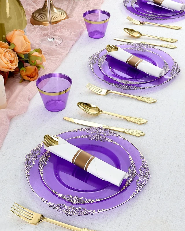Alt view image 7 of 7 - 700 Piece Clear Purple Gold Rim Disposable Dinnerware Set, BPA-Free Heavy Duty Plastic Tableware Kit for 100 Guests, Elegant Decorative Plates Utensils for Wedding Birthday Party Banquet