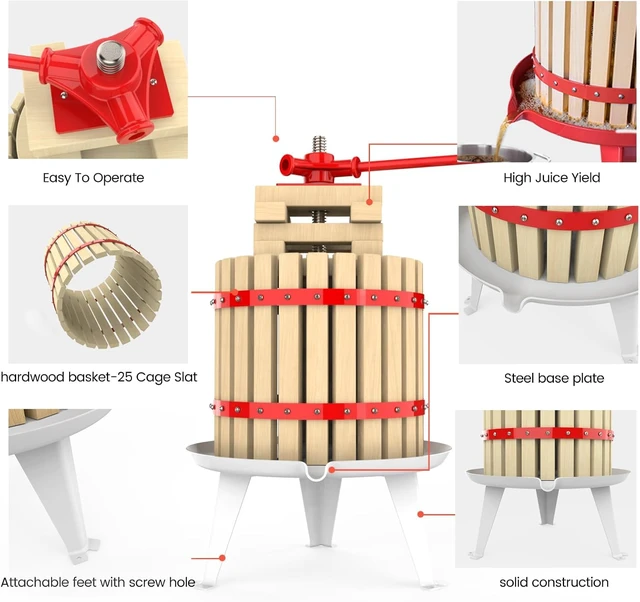 Alt view image 5 of 6 - 3.2 Gallon Manual Fruit Wine Press, Heavy Duty Solid Beech Wood Basket Juice Press, Quiet Hand Crank Fruit Extractor Tool for Apple Cider Grape Berry Wine Making Home Brewing