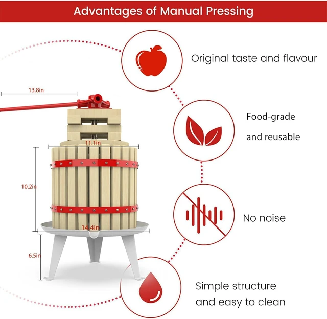 Alt view image 3 of 6 - 3.2 Gallon Manual Fruit Wine Press, Heavy Duty Solid Beech Wood Basket Juice Press, Quiet Hand Crank Fruit Extractor Tool for Apple Cider Grape Berry Wine Making Home Brewing