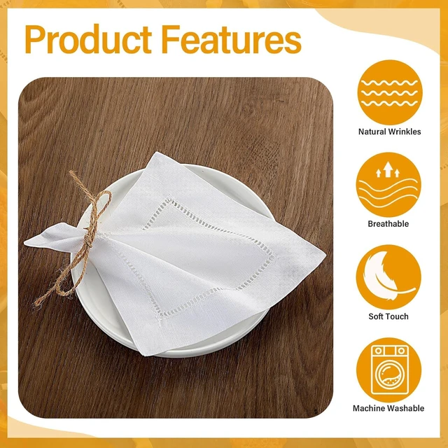 Alt view image 6 of 7 - 80 Pack 6 x 6 Inch Reusable Linen Cotton Cocktail Napkins, Classic Hemstitch White Cloth Napkins, Absorbent Washable Square Decorative Napkins for Wedding Party Bar Cafe Daily Use