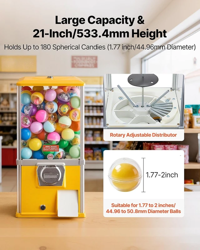 Alt view image 3 of 7 - 21 Inch Commercial Gumball Vending Machine, 25-Cent Coin Operated Candy Dispenser with Lockable Top, Large Clear Globe for 1.77 Inch Spherical Candies, Suitable for Mall Arcade Amusement Park