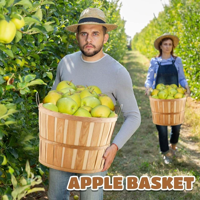 Alt view image 3 of 6 - 6 Pack 14 x 9.5 Inch Wooden Half Bushel Baskets, Handcrafted Natural Wood Harvest Basket with Reinforced Metal Handle, Large Capacity Multipurpose Storage Basket for Picking Display Decoration