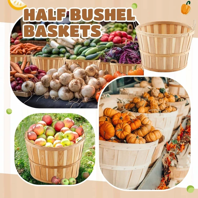 Alt view image 4 of 6 - 6 Pack 14 x 9.5 Inch Wooden Half Bushel Baskets, Handcrafted Natural Wood Harvest Basket with Reinforced Metal Handle, Large Capacity Multipurpose Storage Basket for Picking Display Decoration