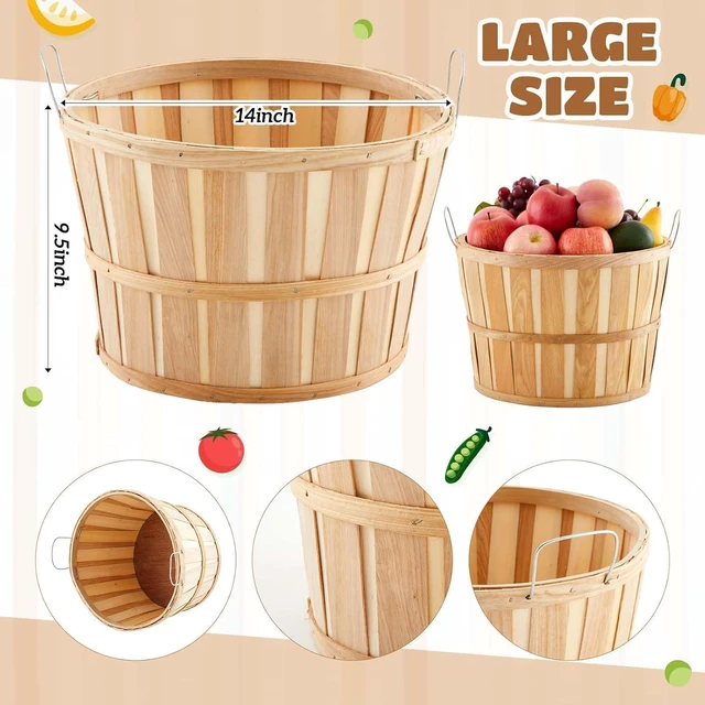 Alt view image 2 of 6 - 6 Pack 14 x 9.5 Inch Wooden Half Bushel Baskets, Handcrafted Natural Wood Harvest Basket with Reinforced Metal Handle, Large Capacity Multipurpose Storage Basket for Picking Display Decoration