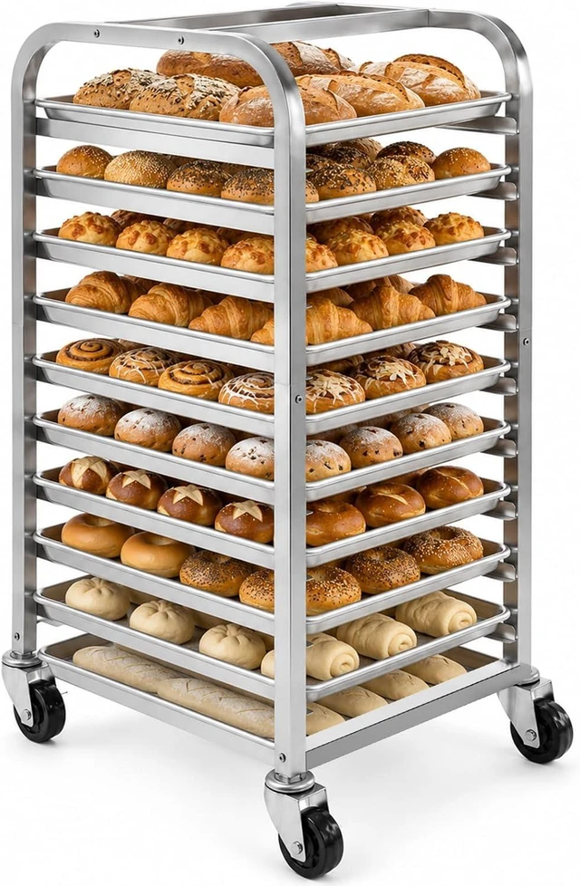 Main image of 10-Tier Aluminum Baking Pan Rack with Wheels, Heavy Duty Rolling Sheet Pan Cooling Proofing Cart, 350lbs Capacity End Load Bakery Storage Transport Rack for Home Commercial Kitchen