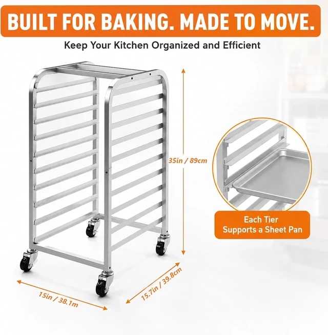 Alt view image 3 of 7 - 10-Tier Aluminum Baking Pan Rack with Wheels, Heavy Duty Rolling Sheet Pan Cooling Proofing Cart, 350lbs Capacity End Load Bakery Storage Transport Rack for Home Commercial Kitchen