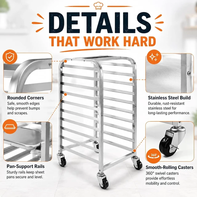 Alt view image 2 of 7 - 10-Tier Aluminum Baking Pan Rack with Wheels, Heavy Duty Rolling Sheet Pan Cooling Proofing Cart, 350lbs Capacity End Load Bakery Storage Transport Rack for Home Commercial Kitchen