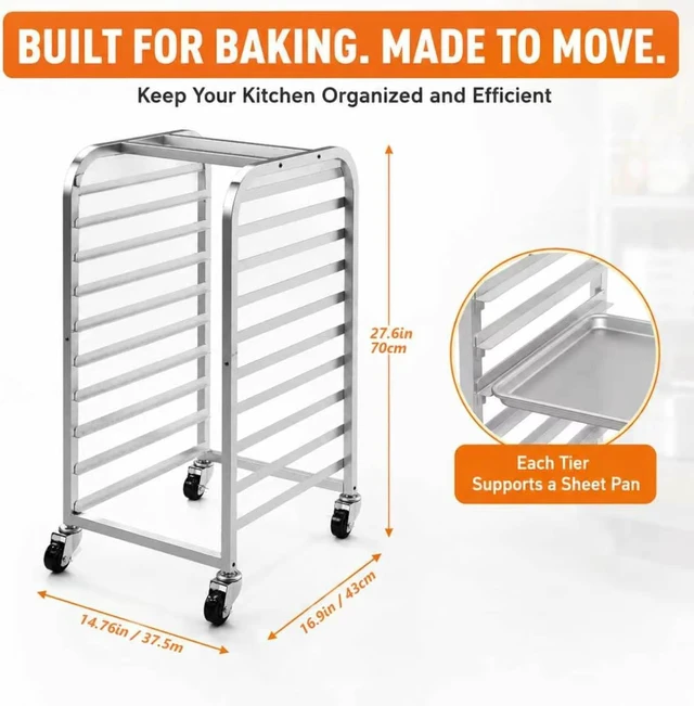 Alt view image 5 of 7 - 10-Tier Aluminum Baking Pan Rack with Wheels, Heavy Duty Rolling Sheet Pan Cooling Proofing Cart, 350lbs Capacity End Load Bakery Storage Transport Rack for Home Commercial Kitchen
