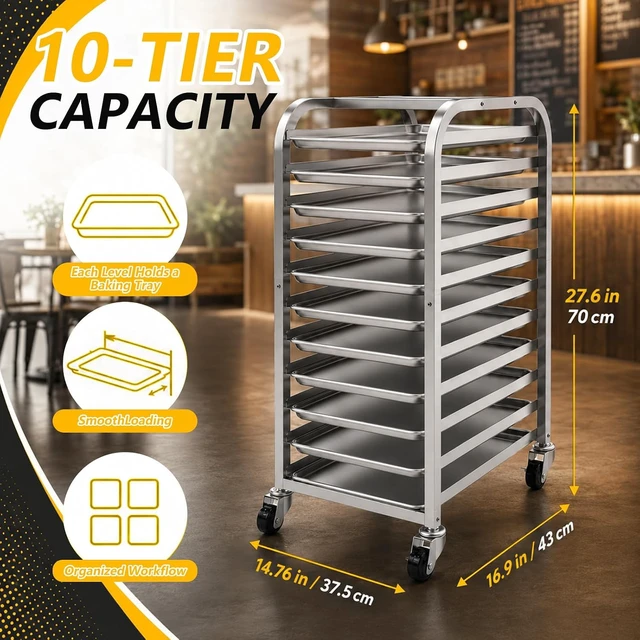 Alt view image 7 of 7 - 10-Tier Aluminum Baking Pan Rack with Wheels, Heavy Duty Rolling Sheet Pan Cooling Proofing Cart, 350lbs Capacity End Load Bakery Storage Transport Rack for Home Commercial Kitchen