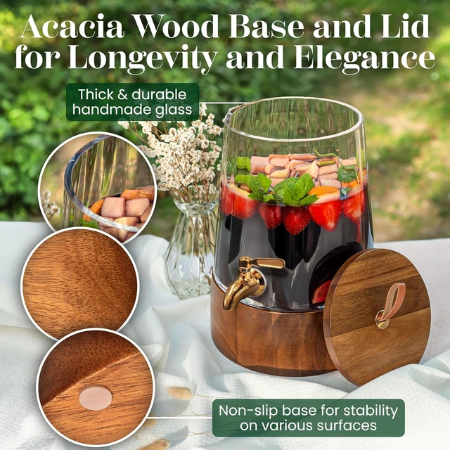 Alt view image 2 of 7 - 1 Gallon Glass Beverage Dispenser with Stainless Steel Spigot and Acacia Wood Stand, Handmade Clear Glass Drink Dispenser, Drip Resistant Water Juice Iced Tea Container for Home Party Gathering