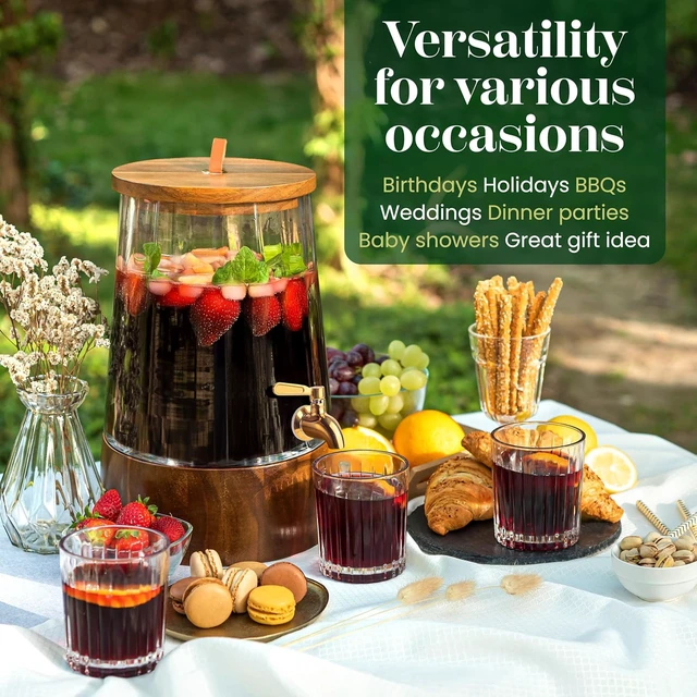 Alt view image 3 of 7 - 1 Gallon Glass Beverage Dispenser with Stainless Steel Spigot and Acacia Wood Stand, Handmade Clear Glass Drink Dispenser, Drip Resistant Water Juice Iced Tea Container for Home Party Gathering