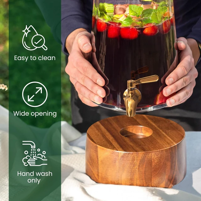 Alt view image 5 of 7 - 1 Gallon Glass Beverage Dispenser with Stainless Steel Spigot and Acacia Wood Stand, Handmade Clear Glass Drink Dispenser, Drip Resistant Water Juice Iced Tea Container for Home Party Gathering