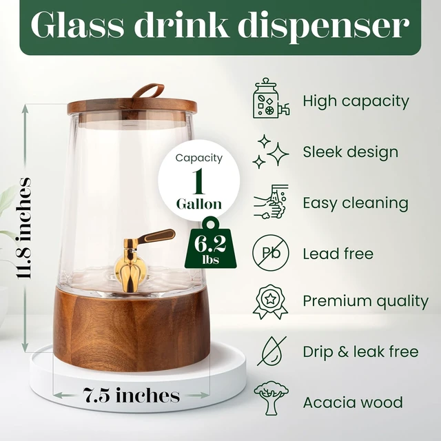 Alt view image 6 of 7 - 1 Gallon Glass Beverage Dispenser with Stainless Steel Spigot and Acacia Wood Stand, Handmade Clear Glass Drink Dispenser, Drip Resistant Water Juice Iced Tea Container for Home Party Gathering