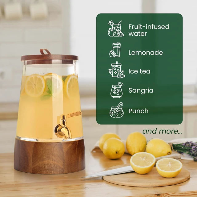 Alt view image 7 of 7 - 1 Gallon Glass Beverage Dispenser with Stainless Steel Spigot and Acacia Wood Stand, Handmade Clear Glass Drink Dispenser, Drip Resistant Water Juice Iced Tea Container for Home Party Gathering