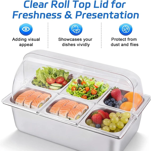 Alt view image 3 of 7 - 9.6 Quart Chilled Buffet Serving Set with 6 Removable Pans, Clear Roll Top Lid and Ice Packs, Portable No-Electric Cold Warm Food Tray, Stainless Steel Food Container for Party Picnic Catering BBQ