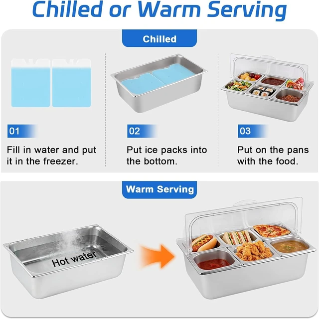 Alt view image 5 of 7 - 9.6 Quart Chilled Buffet Serving Set with 6 Removable Pans, Clear Roll Top Lid and Ice Packs, Portable No-Electric Cold Warm Food Tray, Stainless Steel Food Container for Party Picnic Catering BBQ