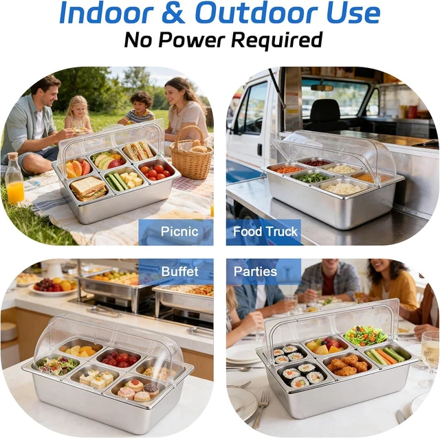 Alt view image 4 of 7 - 9.6 Quart Chilled Buffet Serving Set with 6 Removable Pans, Clear Roll Top Lid and Ice Packs, Portable No-Electric Cold Warm Food Tray, Stainless Steel Food Container for Party Picnic Catering BBQ